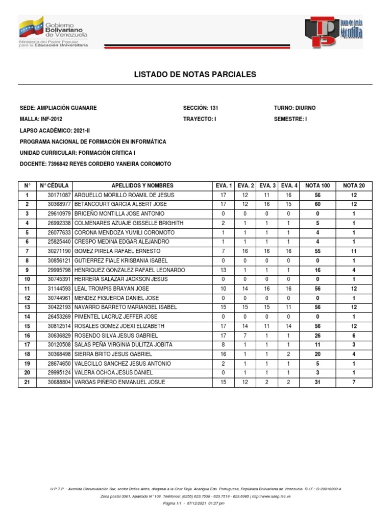 Listado de Notas Parciales | PDF