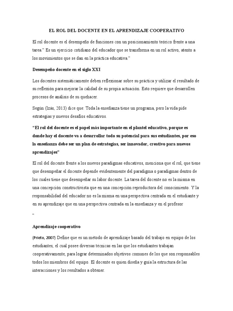 Rol del Docente en Aprendizaje Cooperativo | PDF | Maestros | Método de ...