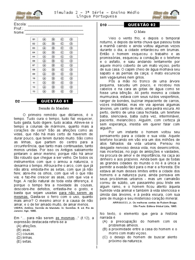 Simulado 2 - (Port. 3 Série E.M - Blog Do Prof. Warles) | PDF | Cães ...