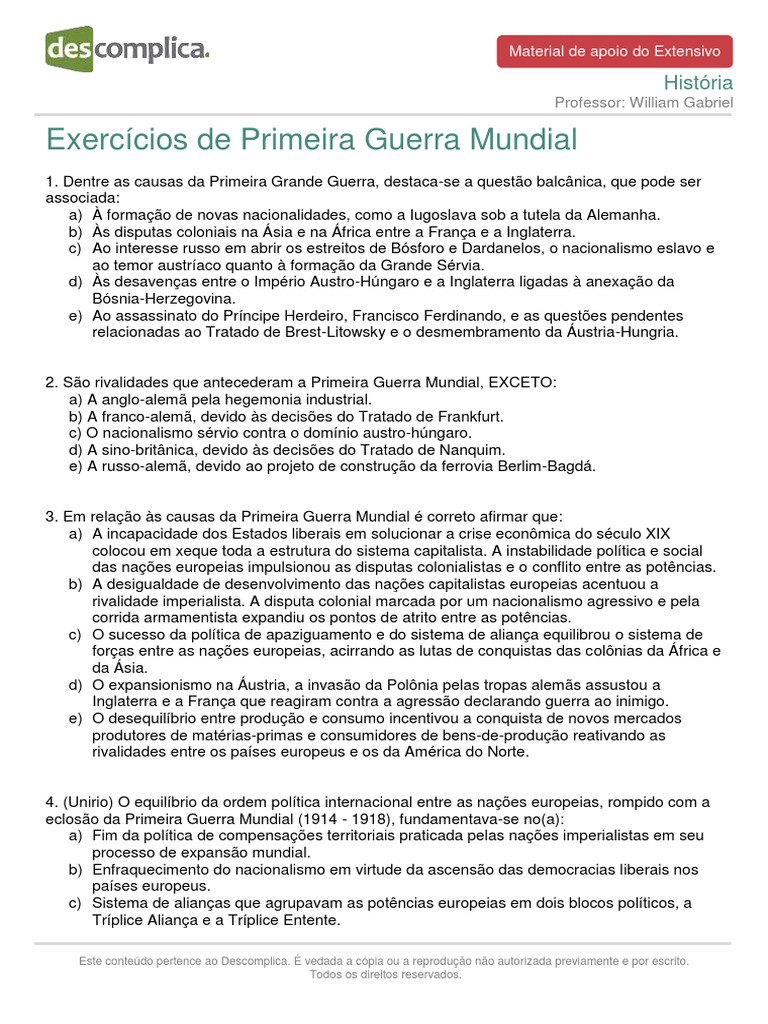 Materialdeapoioextensivo Historia Exercicios Primeira Guerra Mundial ...
