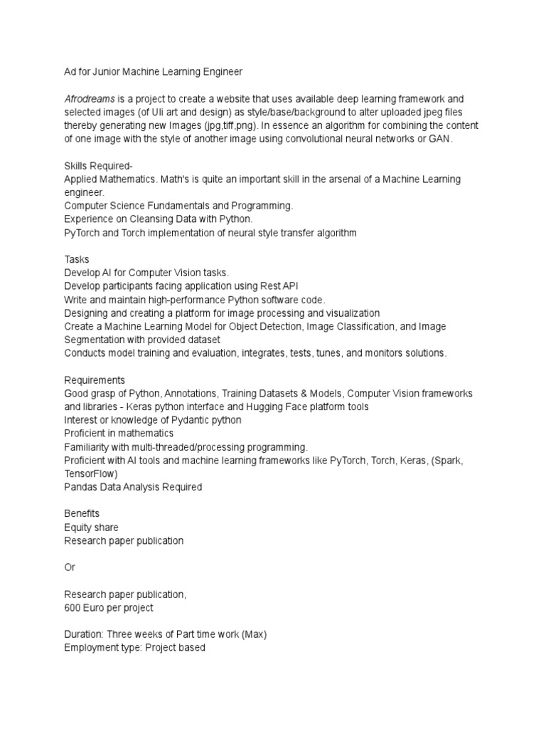 Junior Machine Learning Engineer Ad | PDF | Art | Computers