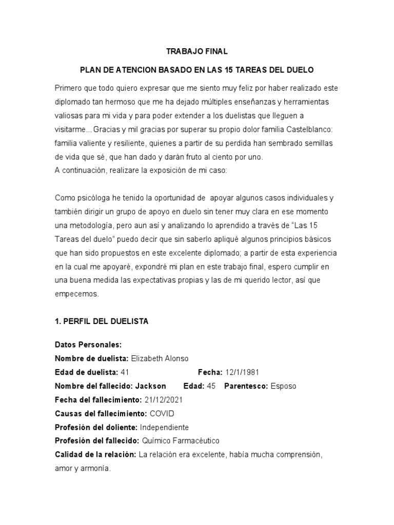 Trabajo Final Las 15 Tareas Del Duelo Pdf Dolor Ira