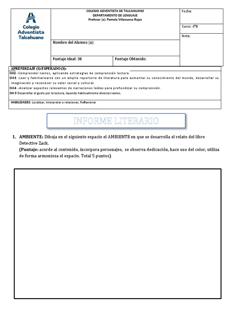 5°B Lenguaje PRUEBA PLAN LECTOR INFORME DE LECTURA Detective Zack