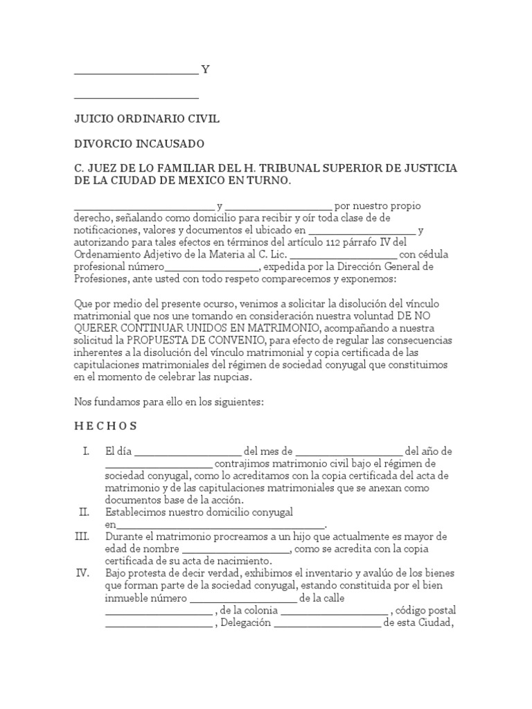 Solicitud de Divorcio Incausado y Convenio | PDF | Divorcio | Propiedad ...