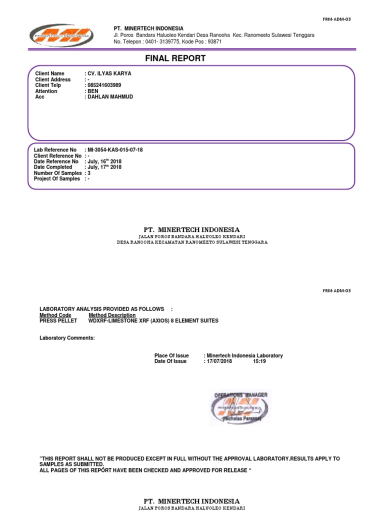 Minertech Lab Report for CV. Ilyas | PDF | Methodology | Science