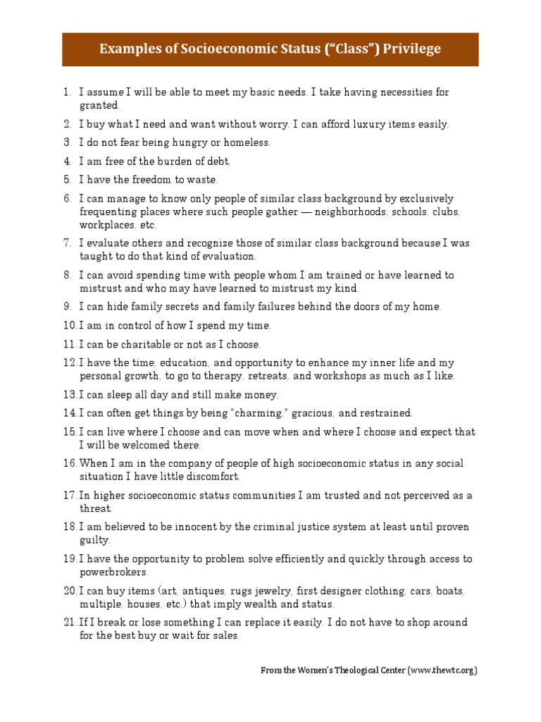 Examples of Socioeconomic Status Privilege PDF Socioeconomic Status