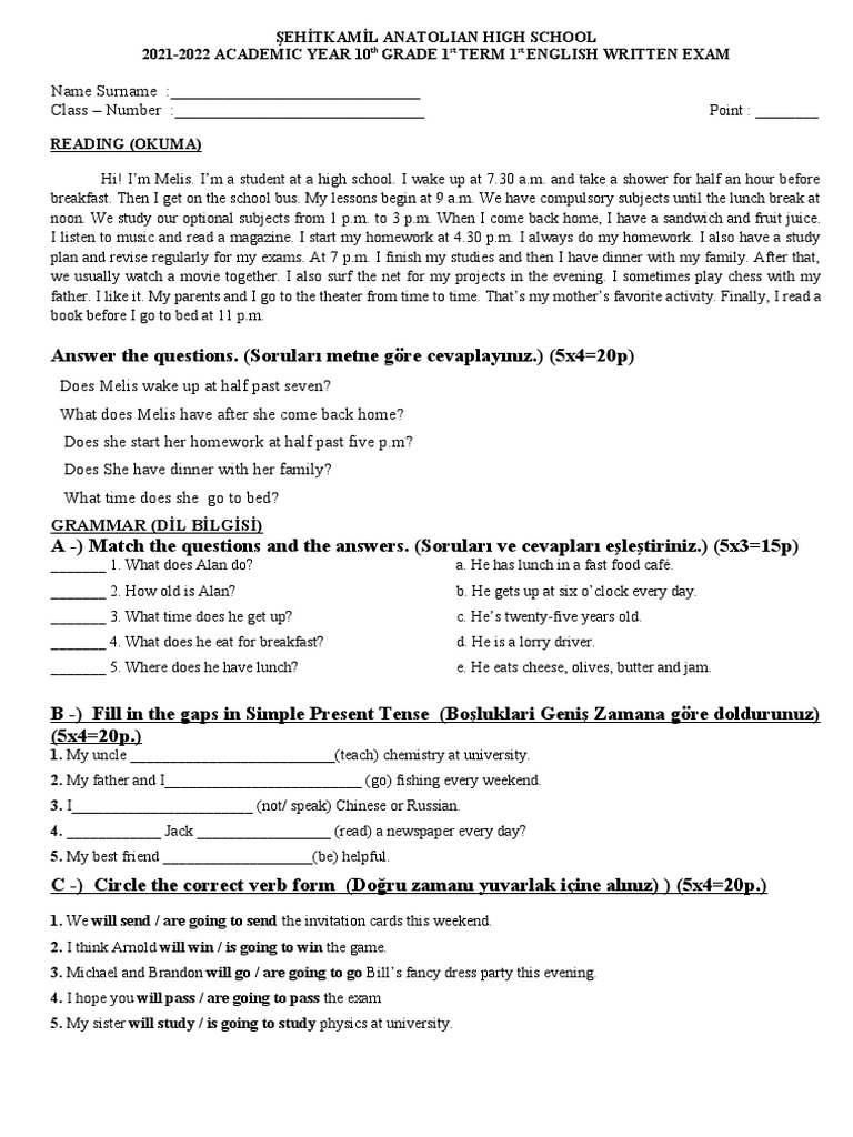 10th Grade 1st Term English Exam | PDF | Language Arts & Discipline ...