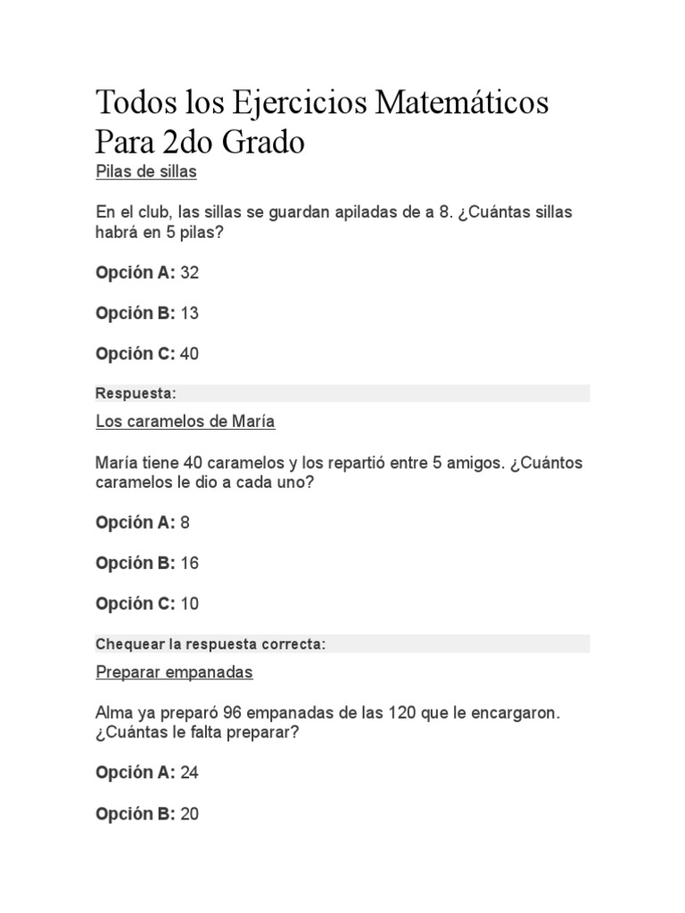 Ejercicios de Matemáticas para 2do Grado | PDF | Preparación de comida ...