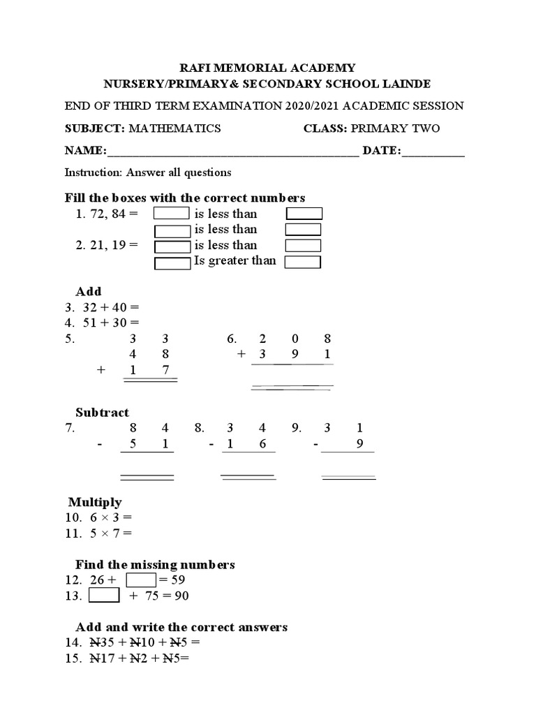 Primary Two Mathematics Exam 2021 | PDF