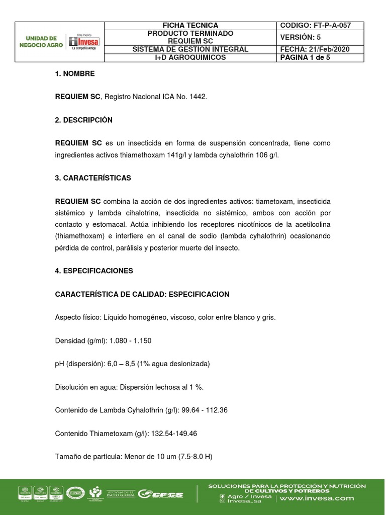 Ficha Técnica de Requiem SC | PDF | Pesticida | Agua