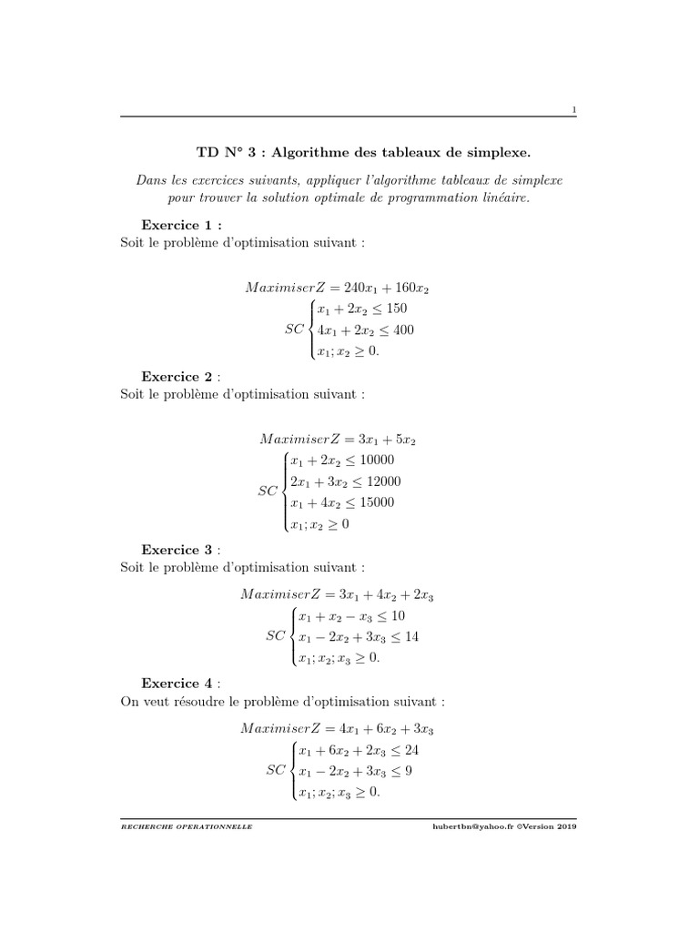 Exercices sur l'algorithme du simplexe | PDF | Optimisation linéaire ...