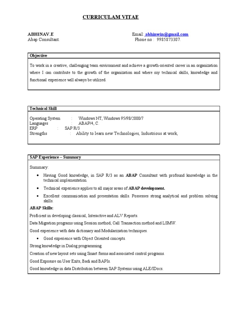 ABAP Consultant CV of Abhinav E | PDF | Computers
