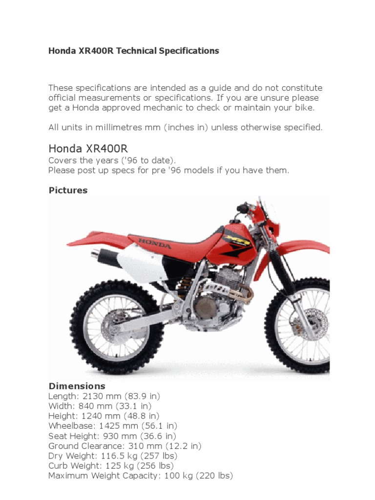Honda XR400R Technical Specifications Carburetor Motor Oil