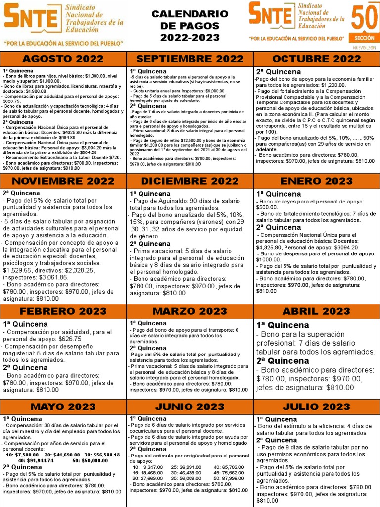 Calendario de Pagos y Bonos SNTE 2023 | PDF | Finanzas y dinero