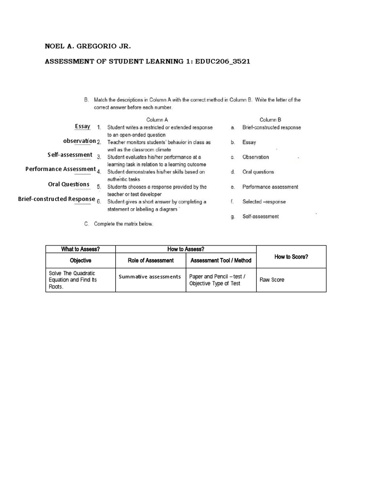 Student Learning Assessment Methods | PDF | Career & Growth | Self ...