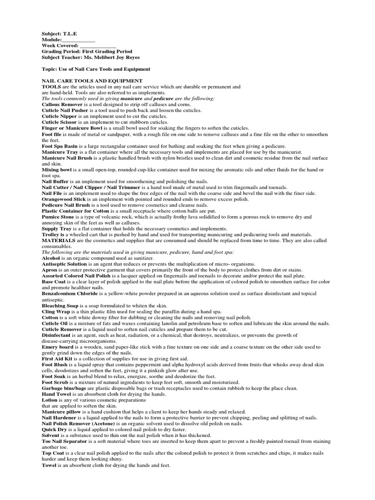 Learning Materials TLE 7 Q1 PDF Personal Protective Equipment Nail (Anatomy)