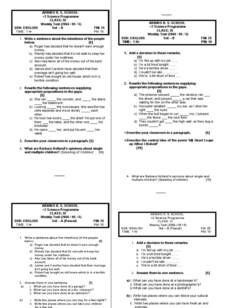 English Weekly Test for Class XI Students | PDF