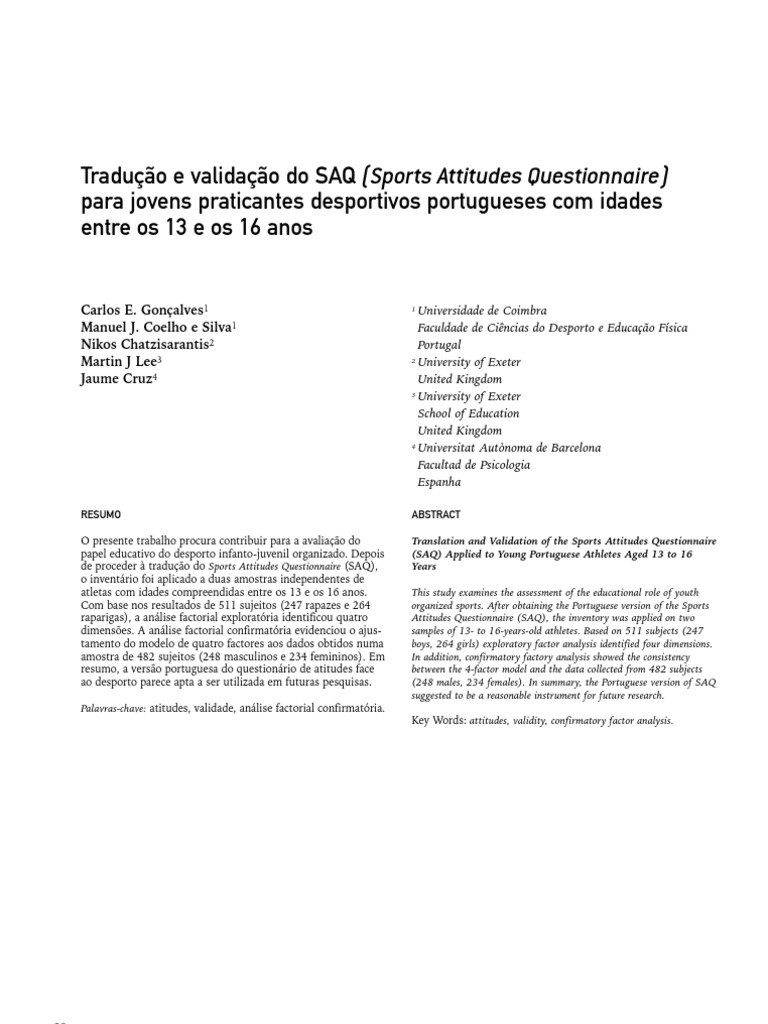 Tradução e Validação Do SAQ (Sports Attitudes Questionnaire) | PDF ...