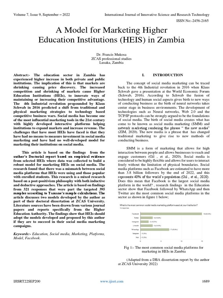 A Model For Marketing Higher Education Institutions (HEIS) in Zambia