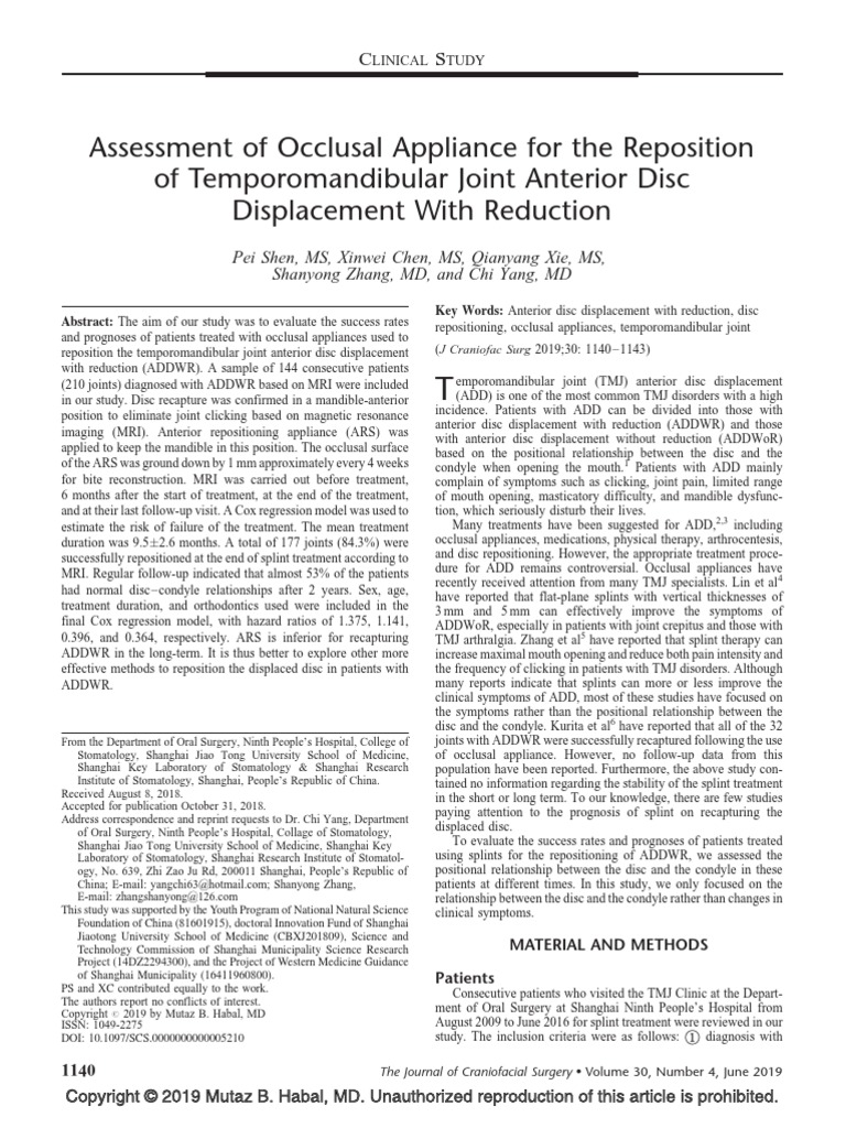 Assessment of occlusal appliance for the reposition of
