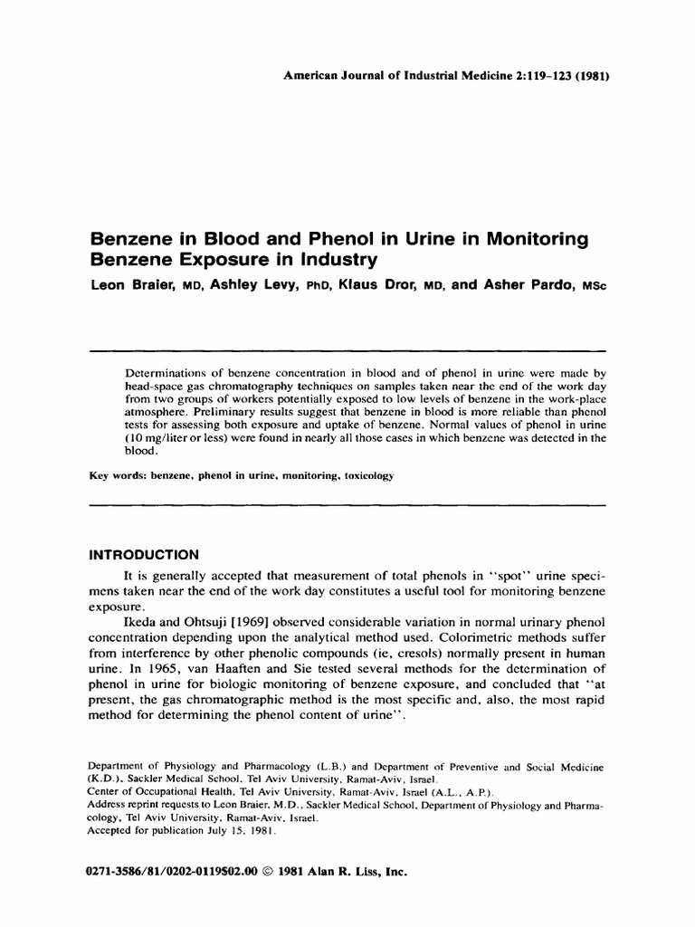 Benzene in Blood and Phenol in Urine in Monitoring Benzene Exposure in