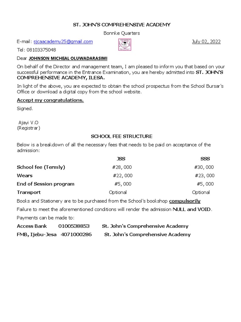 Johnson Admission Letter | PDF