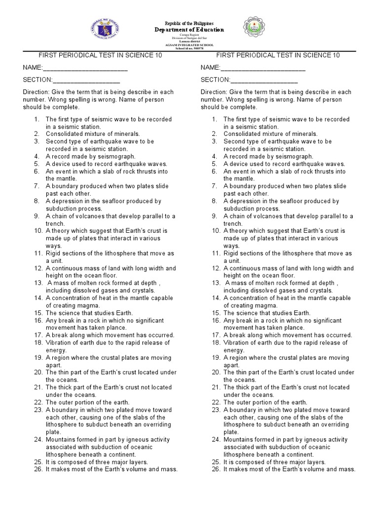 Science 10 Periodical Test: Earth Science | PDF | Plate Tectonics | Magma