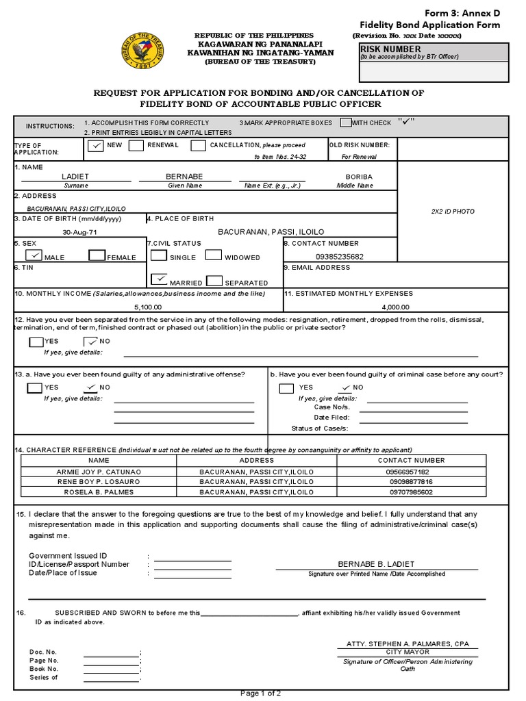 Application for a Fidelity Bond for the Municipal Treasurer of Passi ...