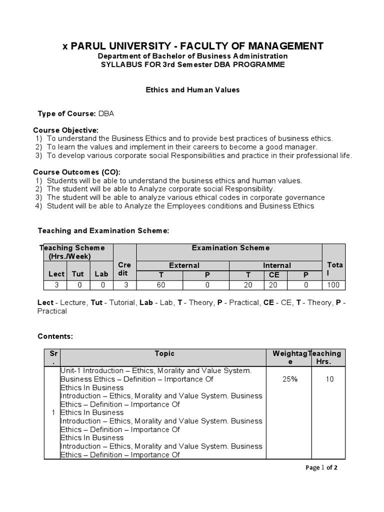 Final Ethics and Human Values Syllabus 1 | PDF | Morality | Business Ethics