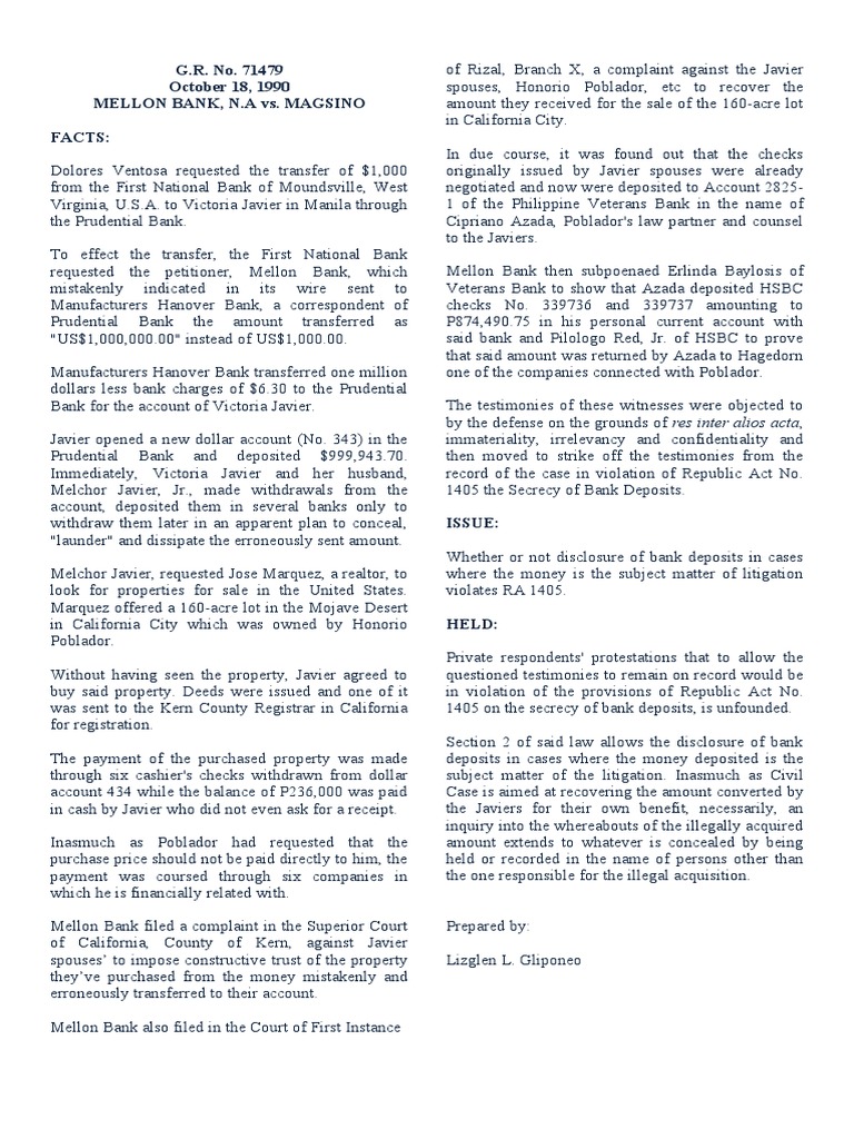 Digest Mellon Bank Vs Magsino PDF Justice Crime & Violence