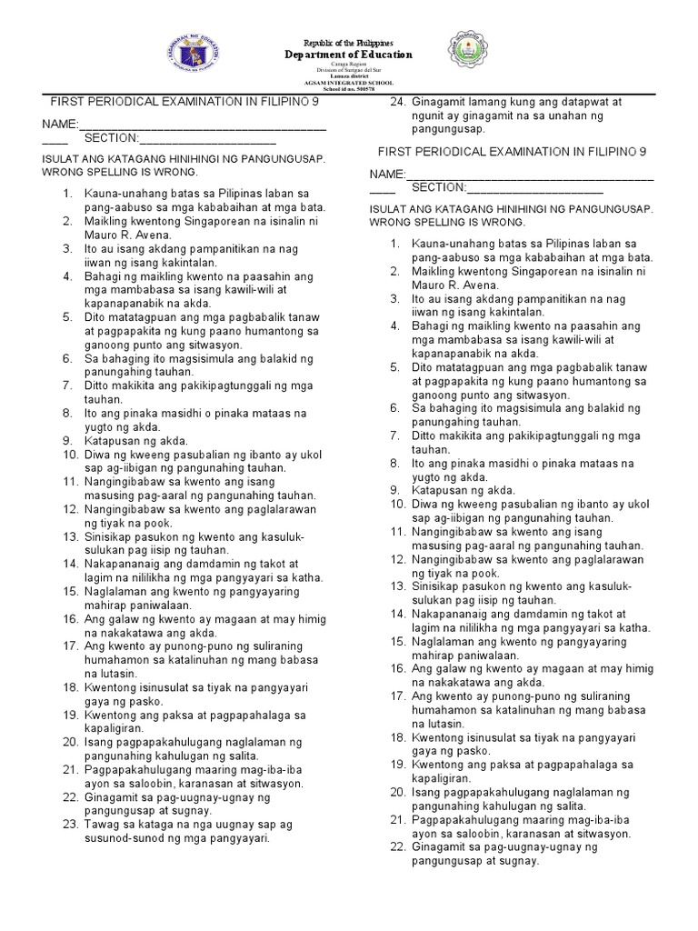First Periodical Examination In Filipino 9 Pdf