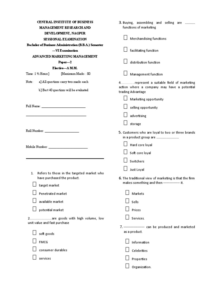 B.B.A. Advanced Marketing Exam Paper | PDF | Marketing | Sales