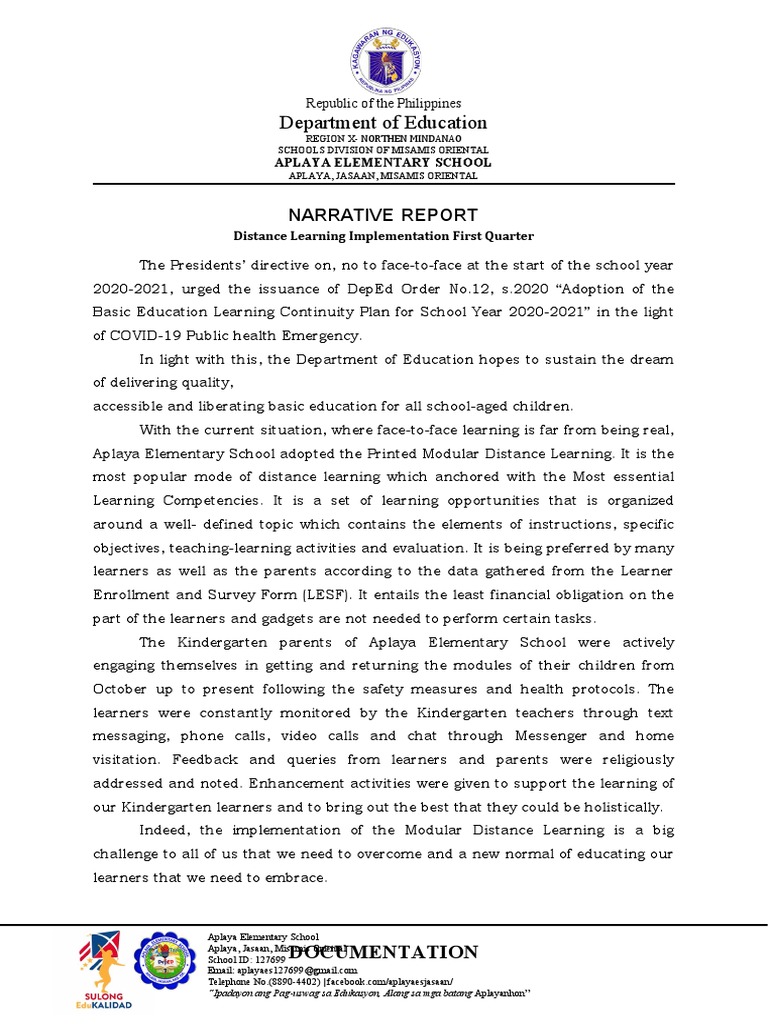 Aplaya Elementary Modular Learning Report | PDF | Learning | Distance ...