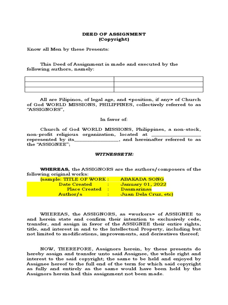 Sample deed of assignment pdf assignment law civil law common law 