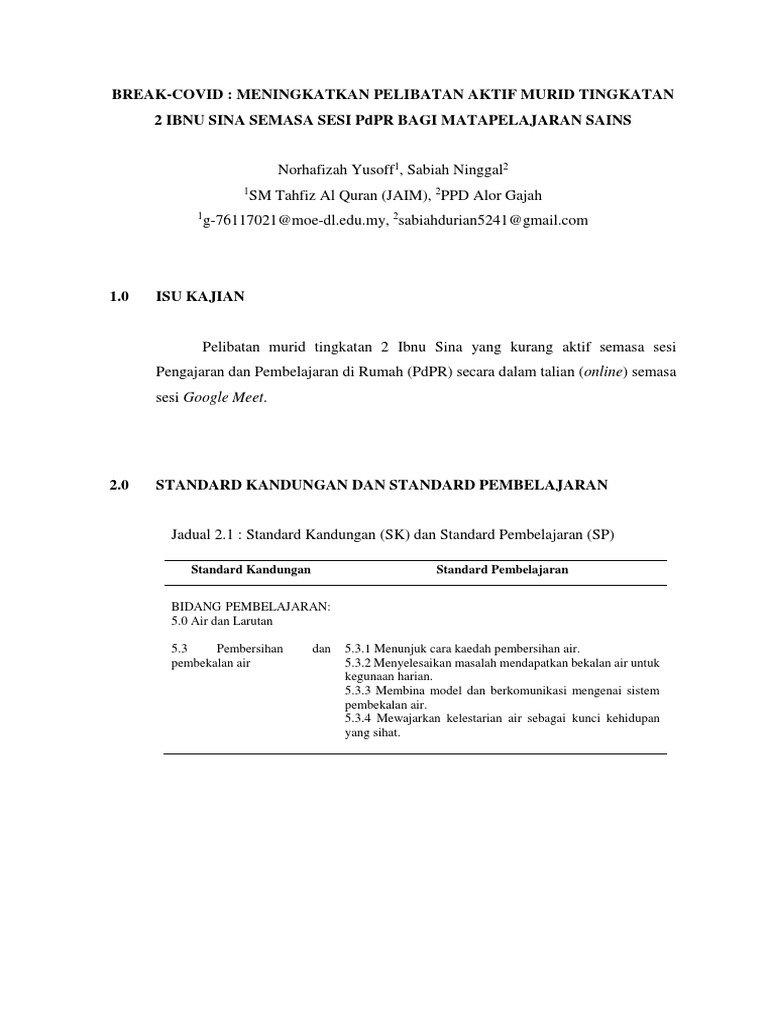 Contoh Break Covid Meningkatkan Pelibatan Aktif Murid Tingkatan | PDF