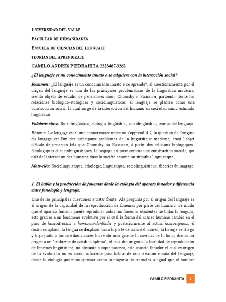 ¿El lenguaje es innato o social? | PDF | Lingüística | Aquisición de idioma