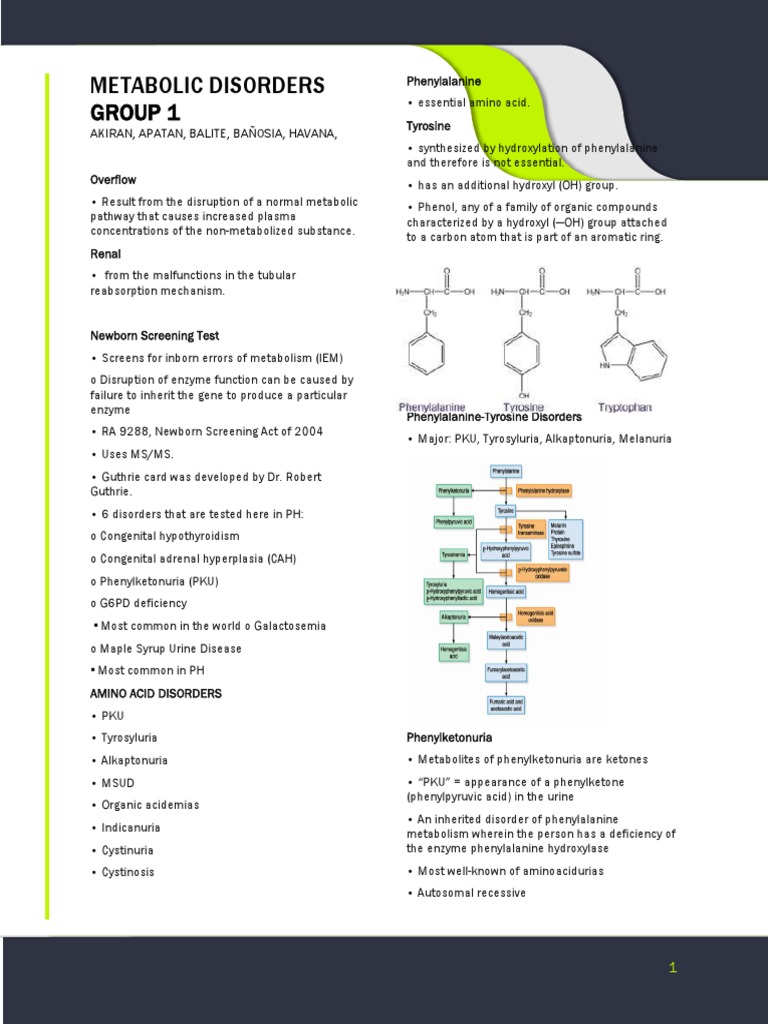 Metabolic-Disorders Notes | PDF | Tyrosine | Phenylalanine
