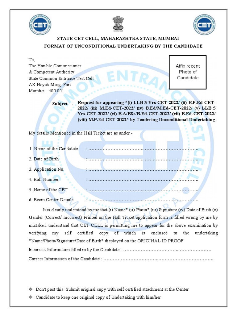 CET 2022 Unconditional Undertaking Form | PDF | Justice | Crime & Violence