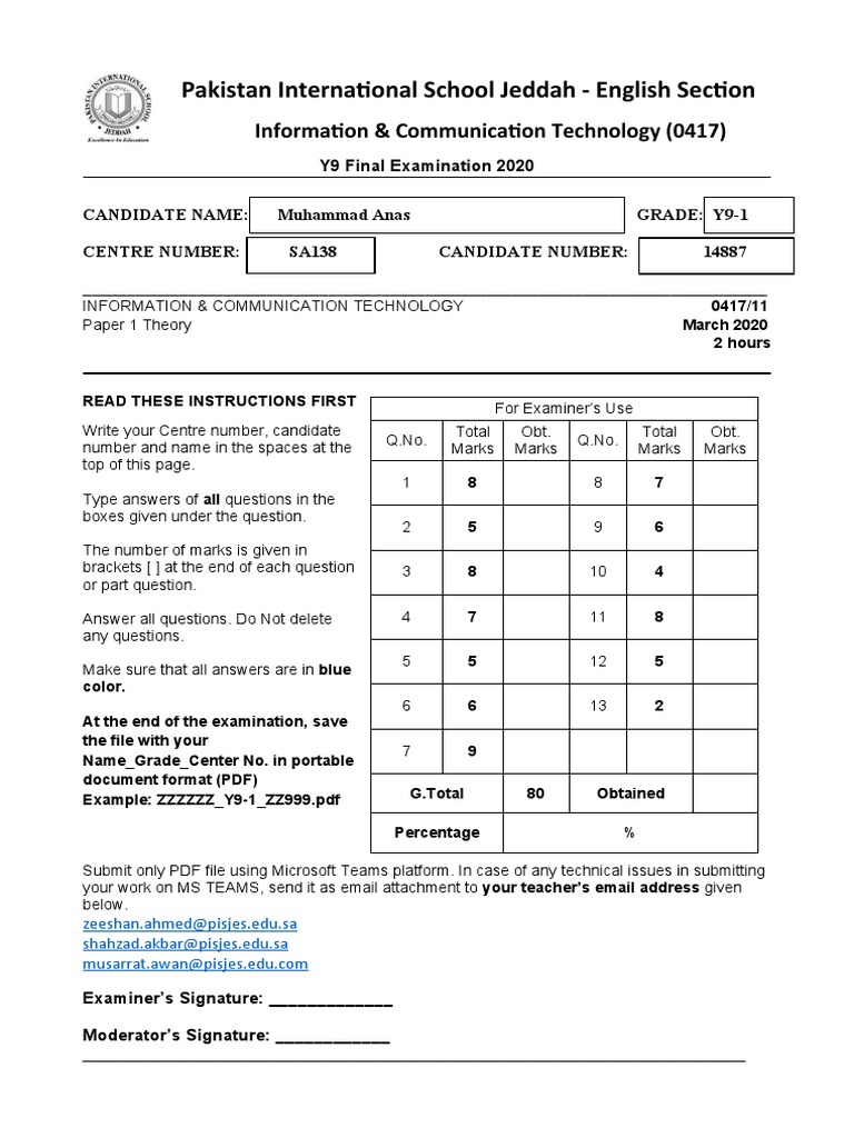 Y9-ICT Final Exam Paper (P1) | PDF | Computer Data Storage | Graphical ...