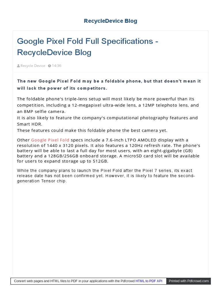 Google Pixel Fold Full Specifications - RecycleDevice Blog | PDF ...