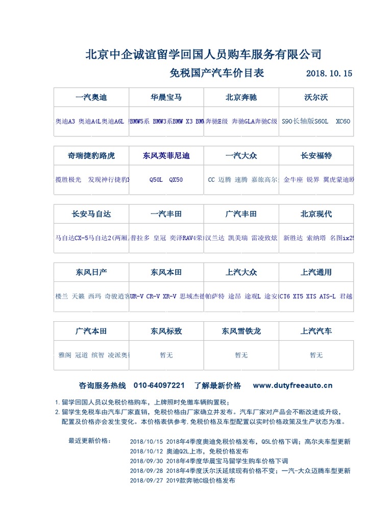 北京中企诚谊留学生免税车型价格表》 xls 20181015 | PDF