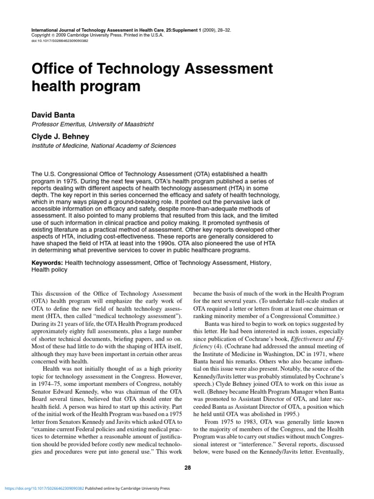Office of Technology Assessment Health Program PDF Preventive