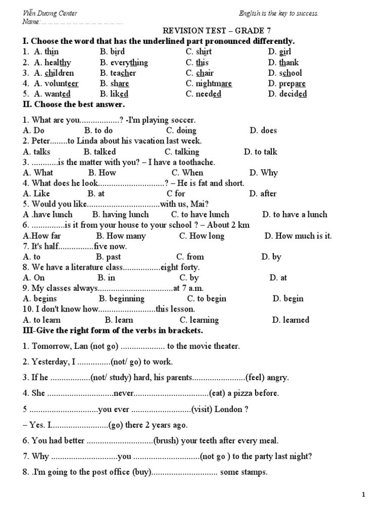 Grade 7 English Revision Test | PDF | Water | Robot