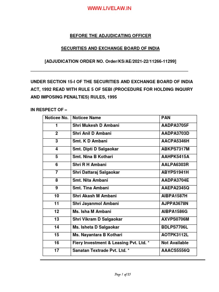 Sebi Order Mukesh Ambani Anil Ambani Tina Ambani Nita Ambani Penalty