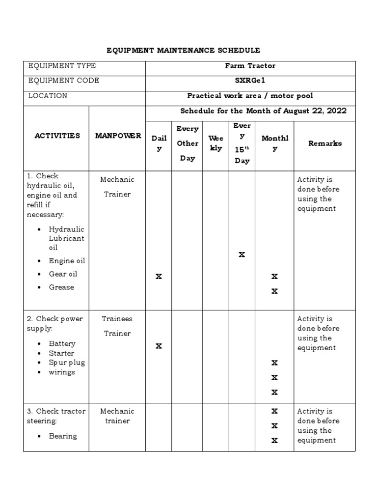Equipment Maintenance Schedule PDF Tractor Motor Oil