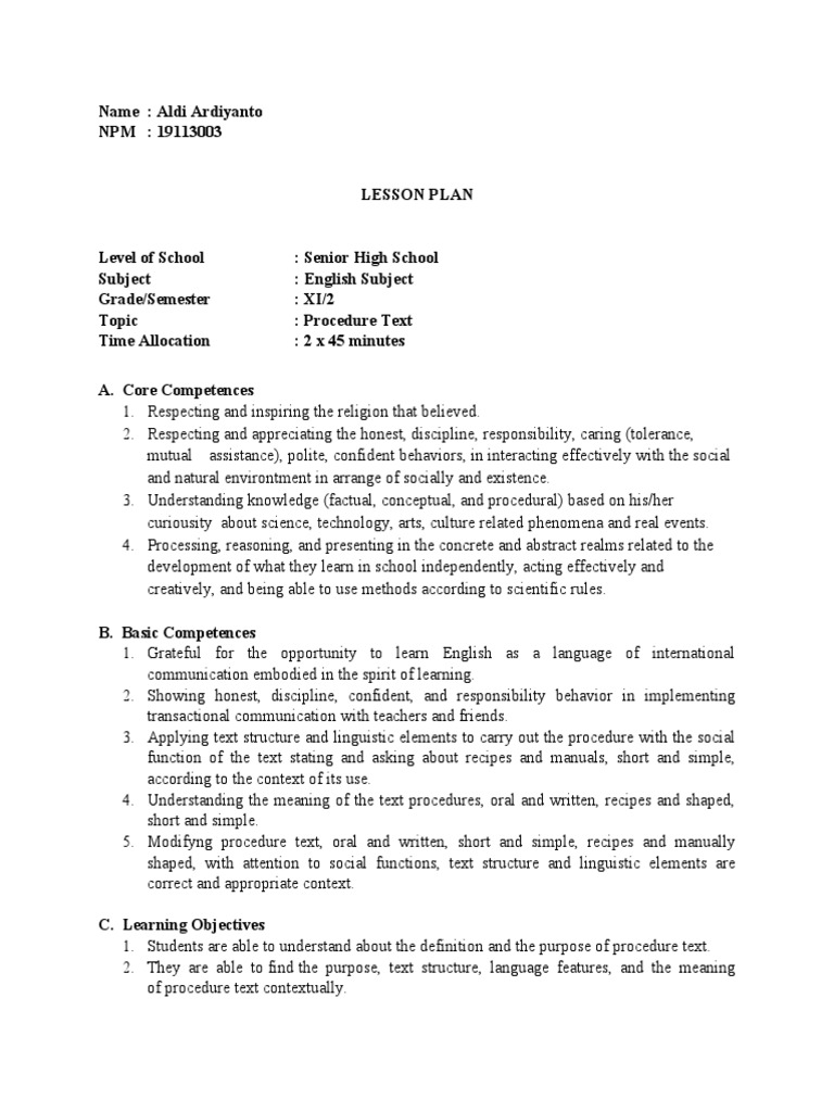 Lesson Plan (Procedure Text) - Aldi Ardiyanto - 19113003 | PDF | Cakes ...