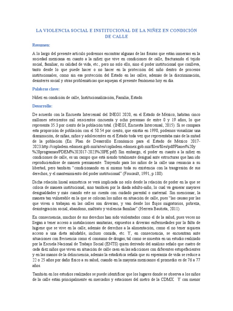 Violencia social en la niñez en calle | PDF | Abuso infantil | Trabajo ...