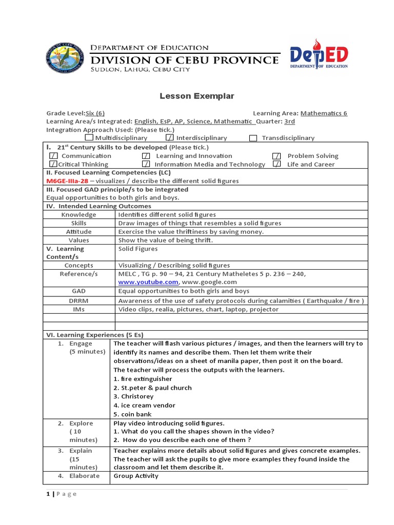 Lesson Exemplar Classroom Observation PDF Rectangle Shape