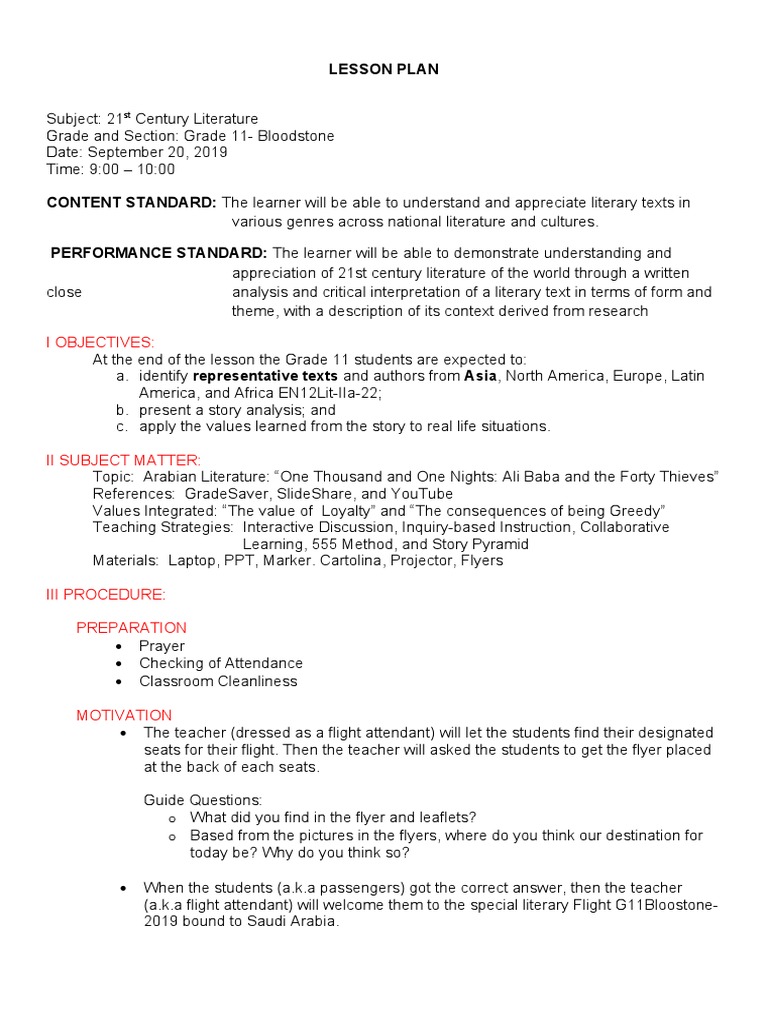 Grade 11 Literature Lesson Plan: Ali Baba | PDF | Lesson Plan | Pedagogy