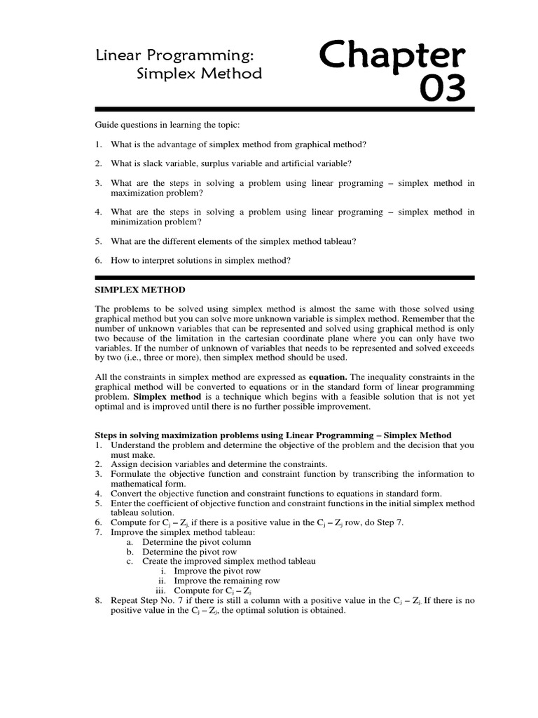 Chapter 03 Linear Programming - Simplex Method | PDF | Mathematical ...